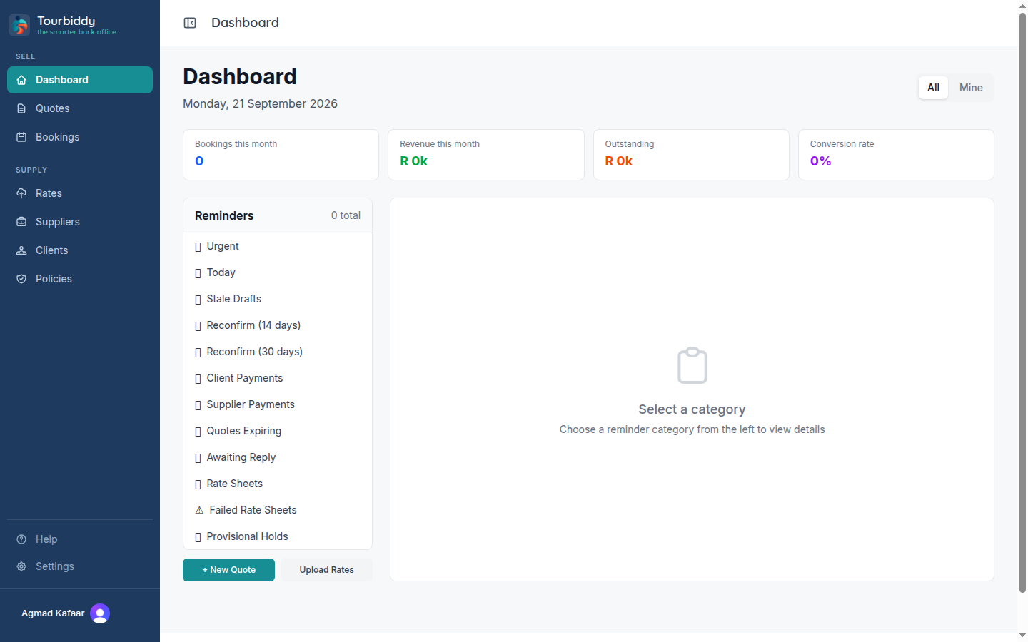 The TourBiddy dashboard with the Sell and Supply navigation