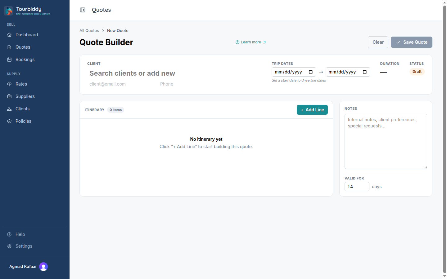 The Quote Builder: client, trip dates, itinerary lines and notes