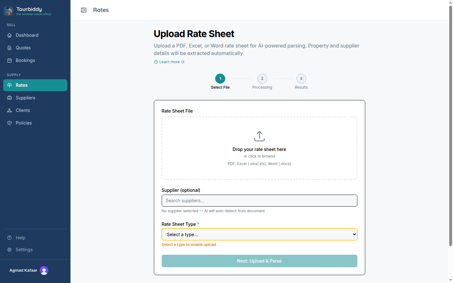 The Upload Rate Sheet page: file drop zone, optional supplier, and rate sheet type